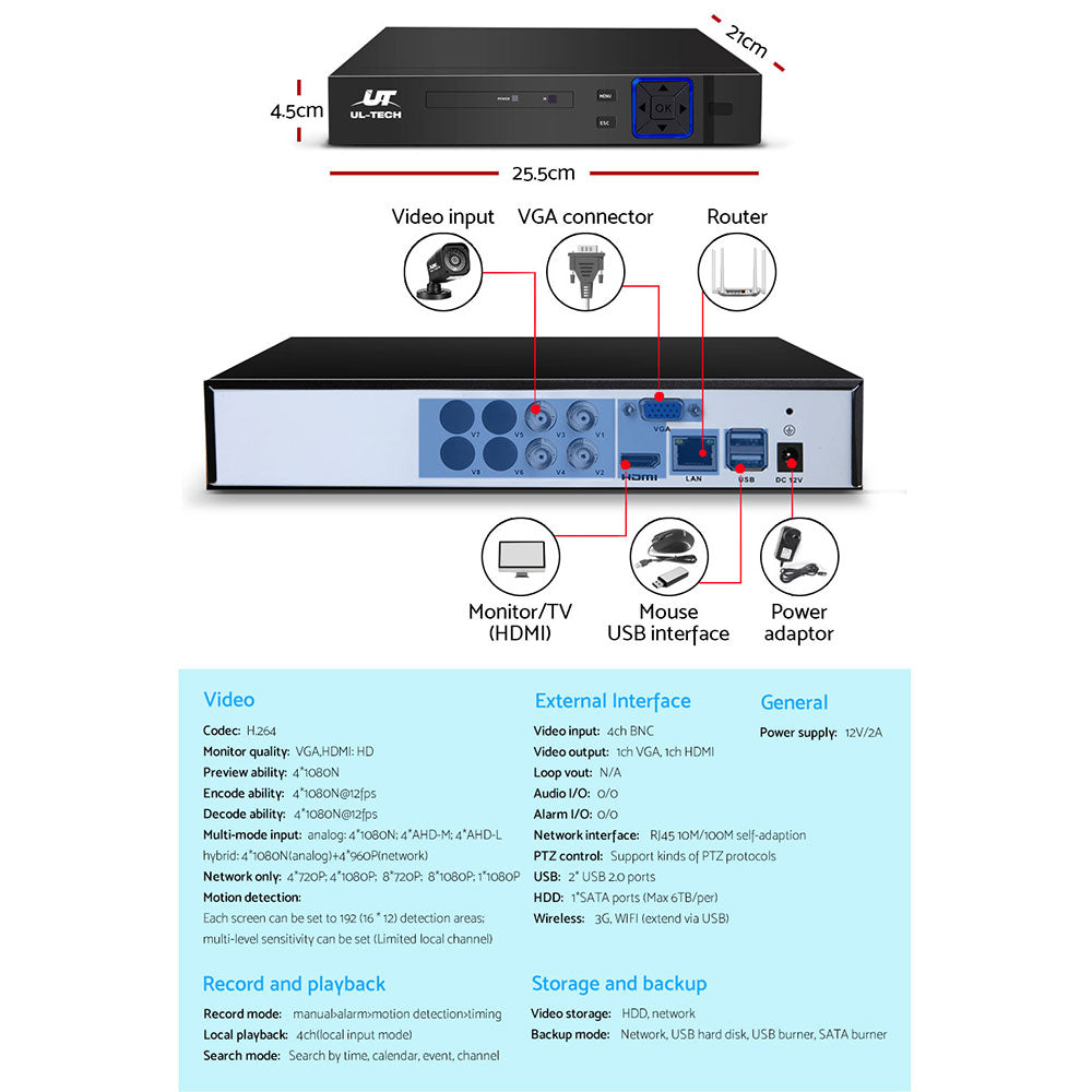 NNEDSZ - Système de sécurité CCTV avec enregistreur vidéo numérique (DVR) 4 canaux 5 en 1, 4 caméras, 1080p, HDMI, noir-4
